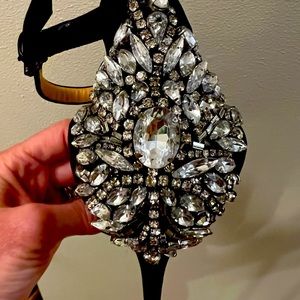 Badgley Mischkha Crystal Jewel Stiletto OpenToe Black Leather Unworn Prom Formal